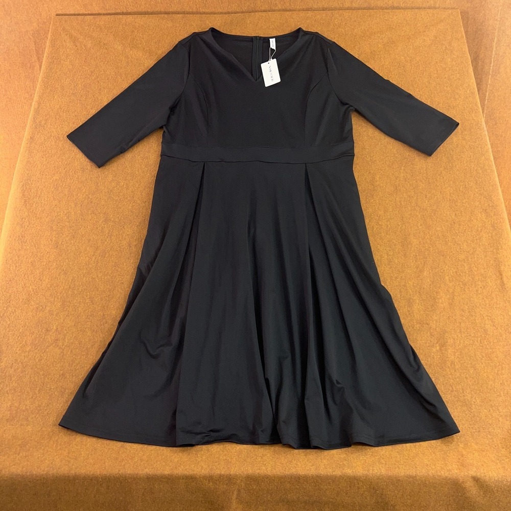 NMODER Womens Size 3XL Black 3/4 Sleeve V Neck Pocketed Midi Dress NWT